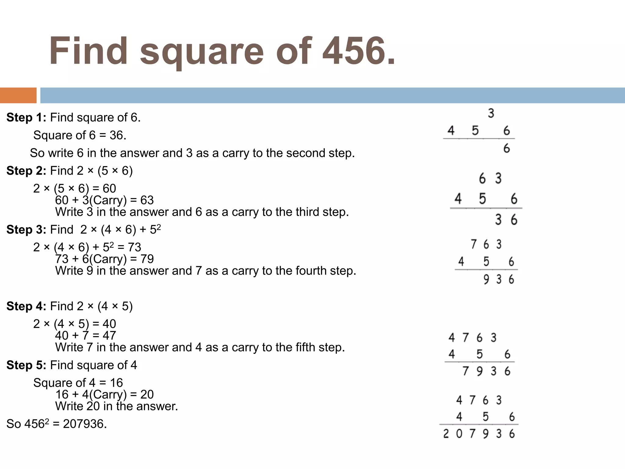 Find square of 456.
Step 1: Find square of 6.
Square of 6 = 36.
So write 6 in the answer and 3 as a carry to the second step.
Step 2: Find 2 × (5 × 6)
2 × (5 × 6) = 60
60 + 3(Carry) = 63
Write 3 in the answer and 6 as a carry to the third step.
Step 3: Find 2 × (4 × 6) + 52
2 × (4 × 6) + 52 = 73
73 + 6(Carry) = 79
Write 9 in the answer and 7 as a carry to the fourth step.
Step 4: Find 2 × (4 × 5)
2 × (4 × 5) = 40
40 + 7 = 47
Write 7 in the answer and 4 as a carry to the fifth step.
Step 5: Find square of 4
Square of 4 = 16
16 + 4(Carry) = 20
Write 20 in the answer.
So 4562 = 207936.
 