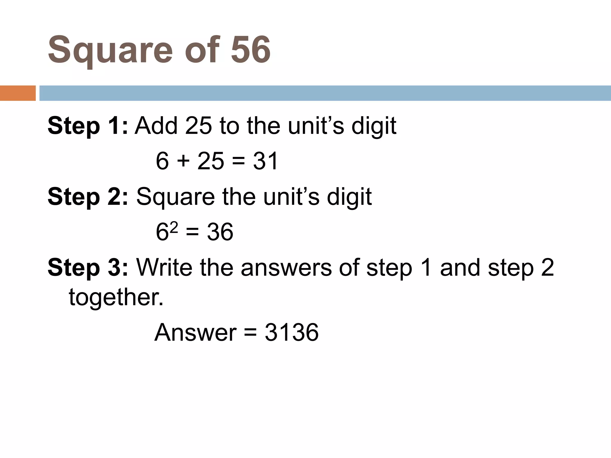 Square of 56
Step 1: Add 25 to the unit’s digit
6 + 25 = 31
Step 2: Square the unit’s digit
62 = 36
Step 3: Write the answers of step 1 and step 2
together.
Answer = 3136
 