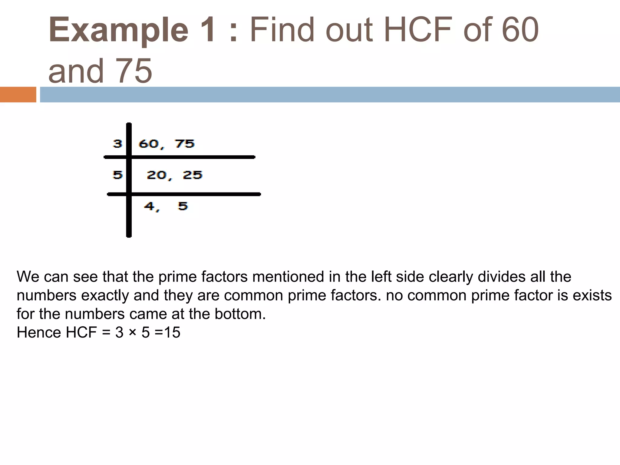 Example 1 : Find out HCF of 60
and 75
We can see that the prime factors mentioned in the left side clearly divides all the
numbers exactly and they are common prime factors. no common prime factor is exists
for the numbers came at the bottom.
Hence HCF = 3 × 5 =15
 