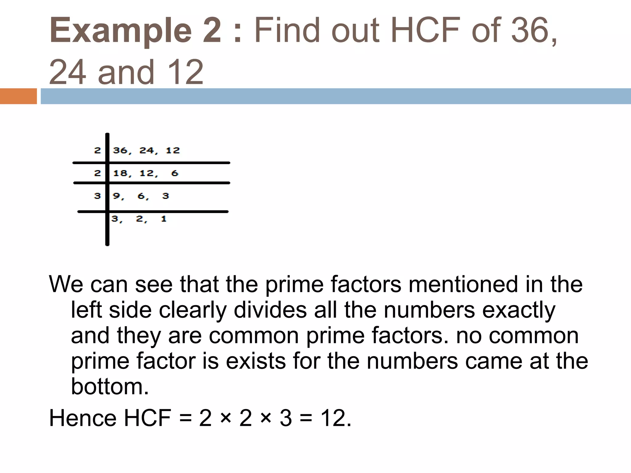 Example 2 : Find out HCF of 36,
24 and 12
We can see that the prime factors mentioned in the
left side clearly divides all the numbers exactly
and they are common prime factors. no common
prime factor is exists for the numbers came at the
bottom.
Hence HCF = 2 × 2 × 3 = 12.
 