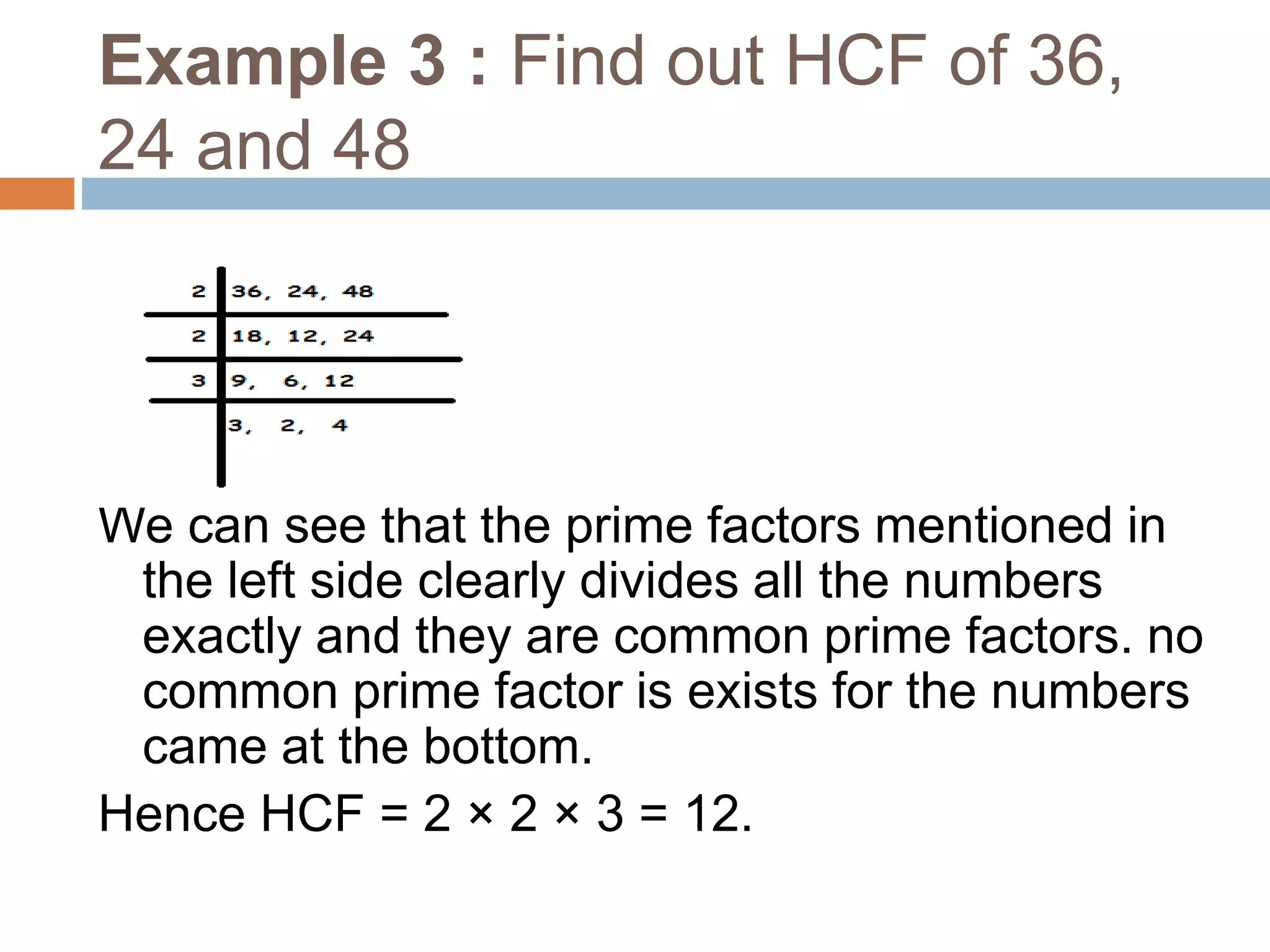 Example 3 : Find out HCF of 36,
24 and 48
We can see that the prime factors mentioned in
the left side clearly divides all the numbers
exactly and they are common prime factors. no
common prime factor is exists for the numbers
came at the bottom.
Hence HCF = 2 × 2 × 3 = 12.
 