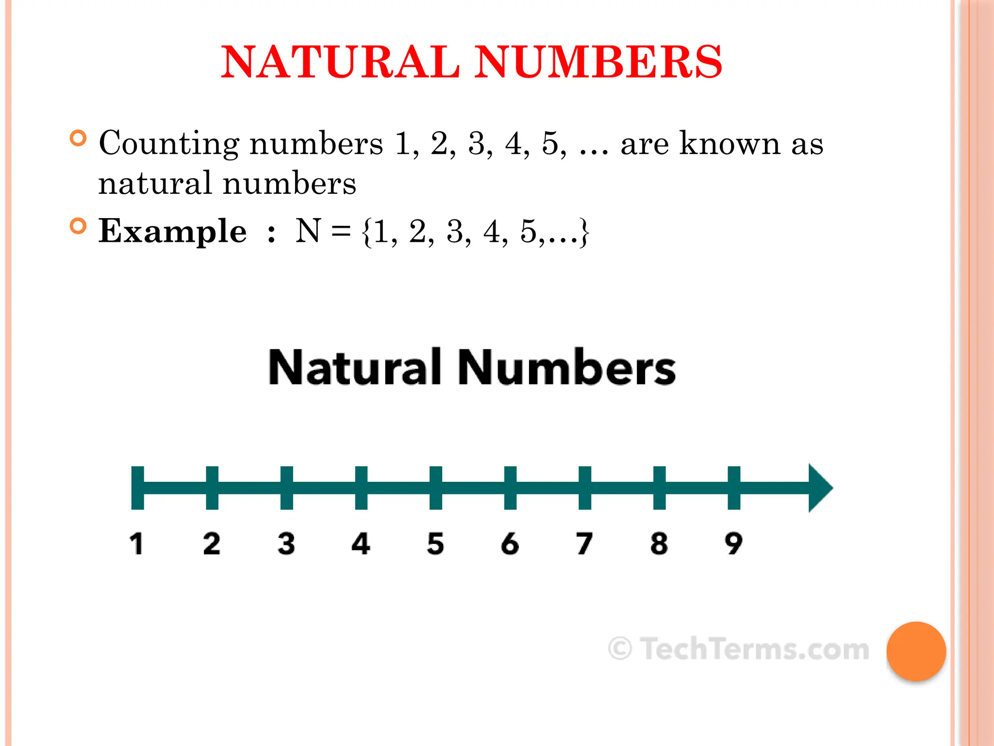 NATURAL NUMBERS
 Counting numbers 1, 2, 3, 4, 5, … are known as
natural numbers
 Example : N = {1, 2, 3, 4, 5,…}
 