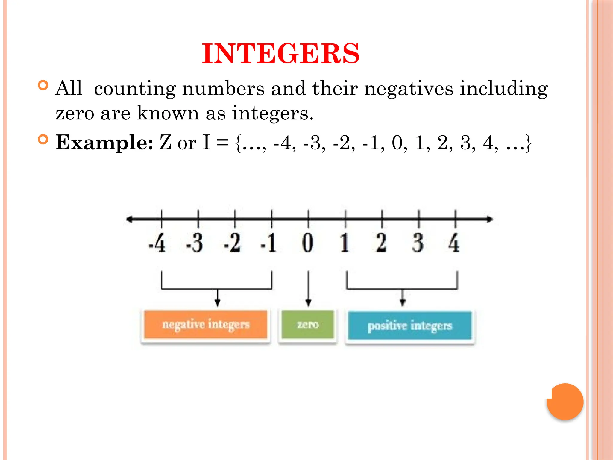 INTEGERS
 All counting numbers and their negatives including
zero are known as integers.
 Example: Z or I = {…, -4, -3, -2, -1, 0, 1, 2, 3, 4, …}
 