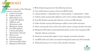 EXIT TICKET
Activity
1. Write the formulae of the following
common compounds:
a) Carbon monoxide
b) Sulphur dioxide
c) Hydrochloric acid
d) Copper (II) sulphate
e) Sulphuric acid
f) Aluminium oxide
g) Magnesium nitrate
h) Iron (III) sulphide
i) Calcium phosphate
j) Ammonium carbonate
k) Nitrous acid
l) Potassium acetate
m) Calcium chlorate
n) Chromium (VI) oxalate
o) Manganese (IV) nitride
2. Write balanced equations for the following reactions.
a) Iron and bromine reacting to form iron (III) bromide.
b) Calcium carbonate + Hydrochloric acid → Calcium chloride + Carbon dioxide + Water
c) Sodium oxide reacting with sulphuric acid to form sodium sulphate and water.
d) Iron (II) chloride reacting with chlorine to form iron (III) chloride.
e) Sulfur dioxide reacting with hydrogen sulfide to form sulfur and water.
f) Silver reacting with nitric acid to form silver nitrate, nitrogen dioxide and water.
g) Manganese (IV) oxide reacting with hydrochloric acid to form manganese (II)
chloride, chlorine and water.
h) Ammonia reacting with oxygen to form nitrogen monoxide and water.
i) Lead(IV) oxide and carbon monoxide forming lead metal and carbon dioxide.
j) Ethanol burning in air to form carbon dioxide and water.
 