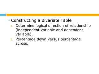  Constructing a Bivariate Table
1. Determine logical direction of relationship
(independent variable and dependent
variable).
2. Percentage down versus percentage
across.
 