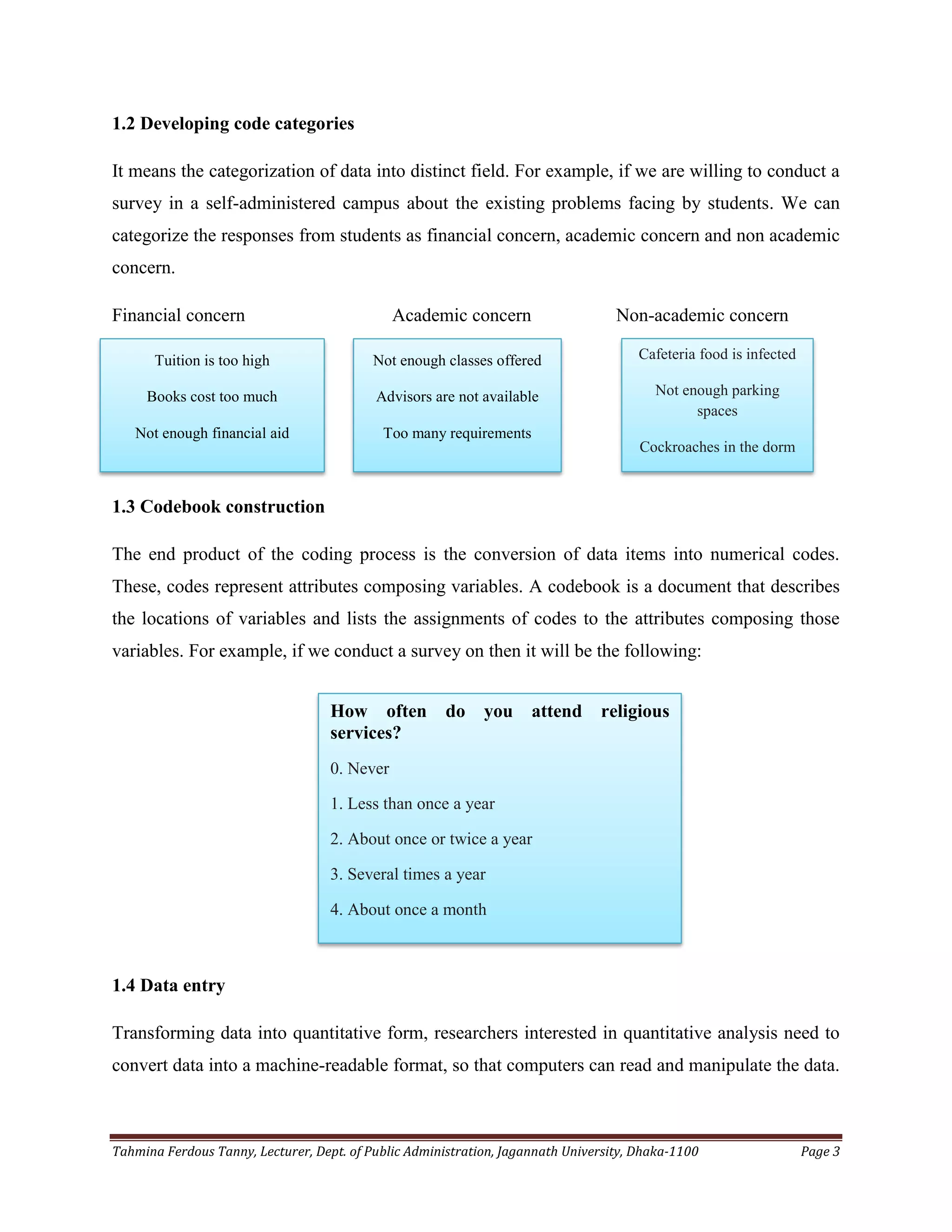 Tahmina Ferdous Tanny, Lecturer, Dept. of Public Administration, Jagannath University, Dhaka-1100 Page 3
1.2 Developing code categories
It means the categorization of data into distinct field. For example, if we are willing to conduct a
survey in a self-administered campus about the existing problems facing by students. We can
categorize the responses from students as financial concern, academic concern and non academic
concern.
Financial concern Academic concern Non-academic concern
1.3 Codebook construction
The end product of the coding process is the conversion of data items into numerical codes.
These, codes represent attributes composing variables. A codebook is a document that describes
the locations of variables and lists the assignments of codes to the attributes composing those
variables. For example, if we conduct a survey on then it will be the following:
1.4 Data entry
Transforming data into quantitative form, researchers interested in quantitative analysis need to
convert data into a machine-readable format, so that computers can read and manipulate the data.
Tuition is too high
Books cost too much
Not enough financial aid
Not enough classes offered
Advisors are not available
Too many requirements
Cafeteria food is infected
Not enough parking
spaces
Cockroaches in the dorm
How often do you attend religious
services?
0. Never
1. Less than once a year
2. About once or twice a year
3. Several times a year
4. About once a month
5.Every week
 