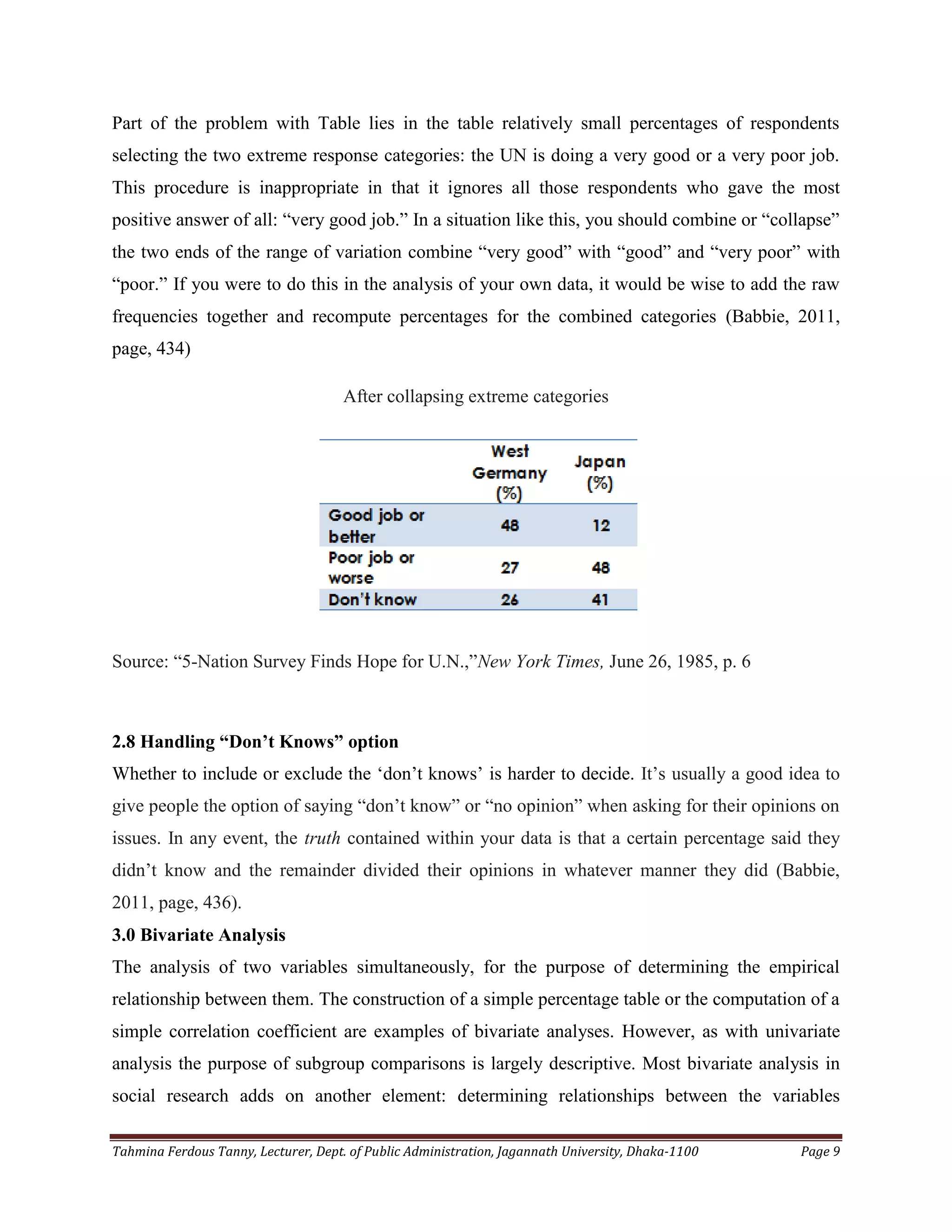 Tahmina Ferdous Tanny, Lecturer, Dept. of Public Administration, Jagannath University, Dhaka-1100 Page 9
Part of the problem with Table lies in the table relatively small percentages of respondents
selecting the two extreme response categories: the UN is doing a very good or a very poor job.
This procedure is inappropriate in that it ignores all those respondents who gave the most
positive answer of all: ―very good job.‖ In a situation like this, you should combine or ―collapse‖
the two ends of the range of variation combine ―very good‖ with ―good‖ and ―very poor‖ with
―poor.‖ If you were to do this in the analysis of your own data, it would be wise to add the raw
frequencies together and recompute percentages for the combined categories (Babbie, 2011,
page, 434)
After collapsing extreme categories
Source: ―5-Nation Survey Finds Hope for U.N.,‖New York Times, June 26, 1985, p. 6
2.8 Handling “Don’t Knows” option
Whether to include or exclude the ‗don‘t knows‘ is harder to decide. It‘s usually a good idea to
give people the option of saying ―don‘t know‖ or ―no opinion‖ when asking for their opinions on
issues. In any event, the truth contained within your data is that a certain percentage said they
didn‘t know and the remainder divided their opinions in whatever manner they did (Babbie,
2011, page, 436).
3.0 Bivariate Analysis
The analysis of two variables simultaneously, for the purpose of determining the empirical
relationship between them. The construction of a simple percentage table or the computation of a
simple correlation coefficient are examples of bivariate analyses. However, as with univariate
analysis the purpose of subgroup comparisons is largely descriptive. Most bivariate analysis in
social research adds on another element: determining relationships between the variables
 