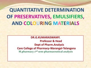 QUANTITATIVE DETERMINATION
OF PRESERVATIVES, EMULSIFIERS,
AND COLOURING MATERIALS
BY
1
 