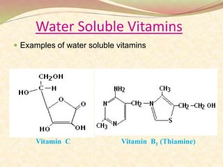 Water Soluble Vitamins
 Examples of water soluble vitamins
Vitamin C Vitamin B1 (Thiamine)
 