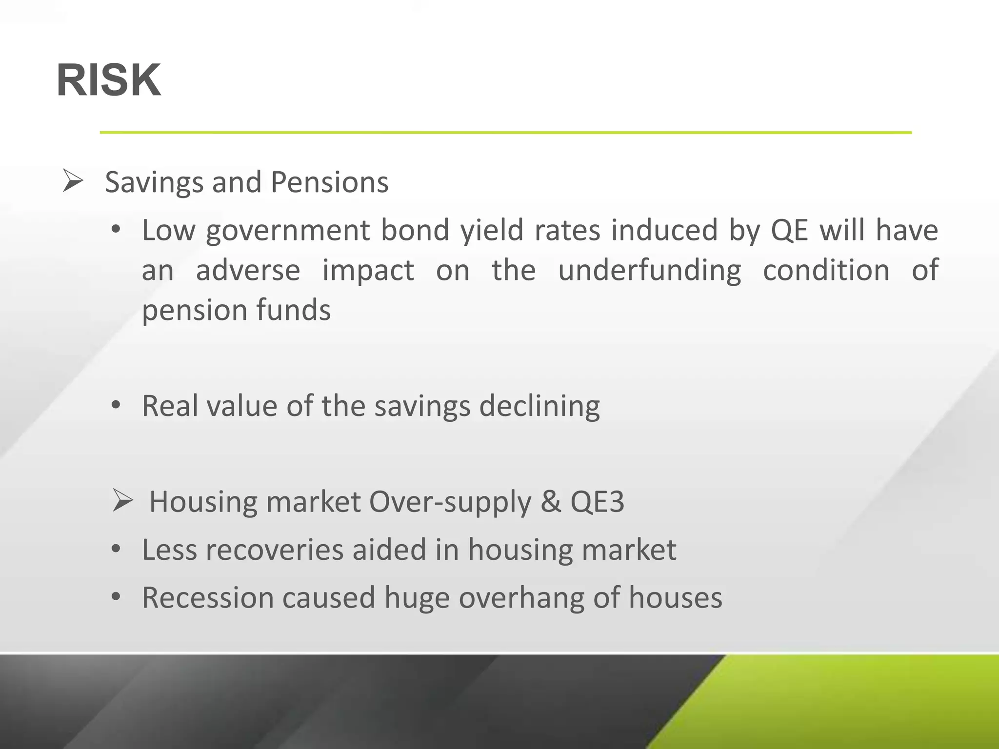 RISK
 Savings and Pensions
• Low government bond yield rates induced by QE will have
an adverse impact on the underfunding condition of
pension funds
• Real value of the savings declining
 Housing market Over-supply & QE3
• Less recoveries aided in housing market
• Recession caused huge overhang of houses
 