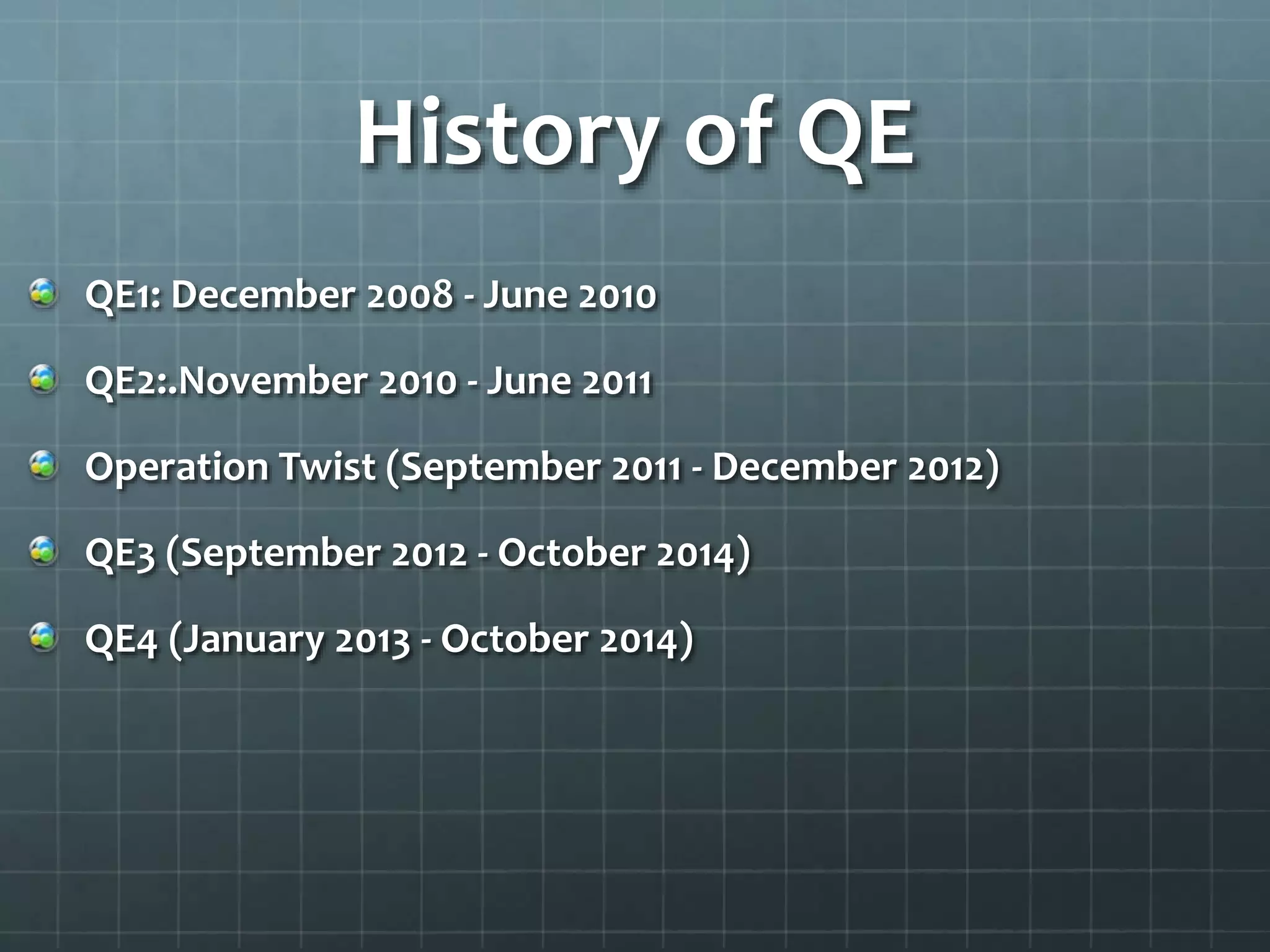 History of QE 
QE1: December 2008 - June 2010 
QE2:.November 2010 - June 2011 
Operation Twist (September 2011 - December 2012) 
QE3 (September 2012 - October 2014) 
QE4 (January 2013 - October 2014) 
 