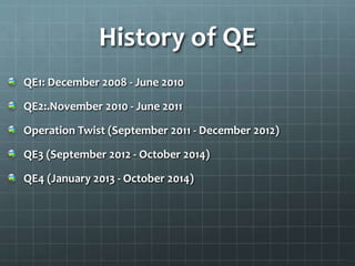 History of QE 
QE1: December 2008 - June 2010 
QE2:.November 2010 - June 2011 
Operation Twist (September 2011 - December 2012) 
QE3 (September 2012 - October 2014) 
QE4 (January 2013 - October 2014) 
 