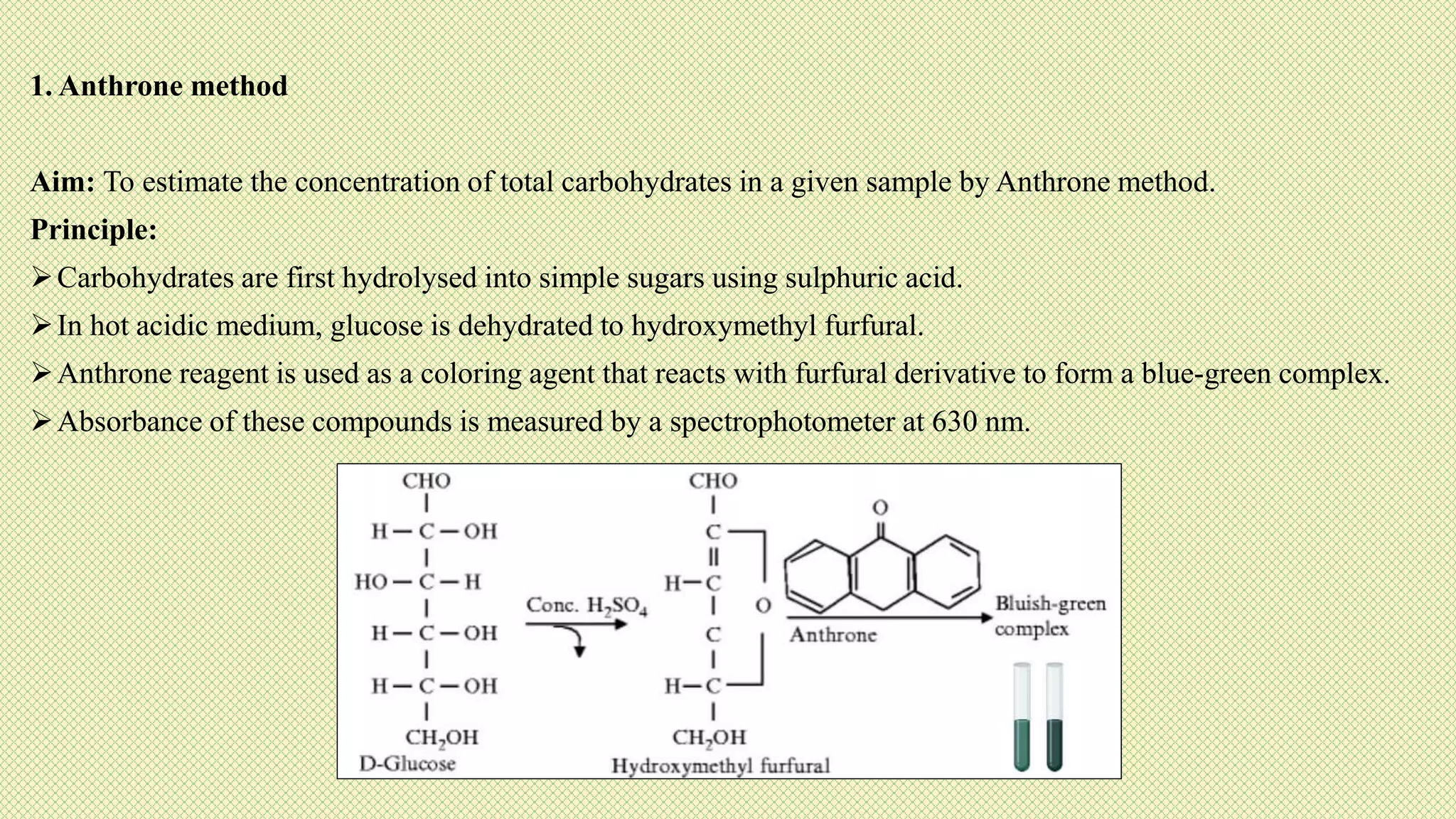 1. Anthrone method
Aim: To estimate the concentration of total carbohydrates in a given sample by Anthrone method.
Principle:
Carbohydrates are first hydrolysed into simple sugars using sulphuric acid.
In hot acidic medium, glucose is dehydrated to hydroxymethyl furfural.
Anthrone reagent is used as a coloring agent that reacts with furfural derivative to form a blue-green complex.
Absorbance of these compounds is measured by a spectrophotometer at 630 nm.
 