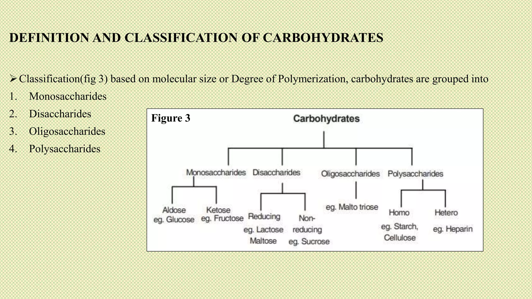 DEFINITION AND CLASSIFICATION OF CARBOHYDRATES
Classification(fig 3) based on molecular size or Degree of Polymerization, carbohydrates are grouped into
1. Monosaccharides
2. Disaccharides
3. Oligosaccharides
4. Polysaccharides
Figure 3
 