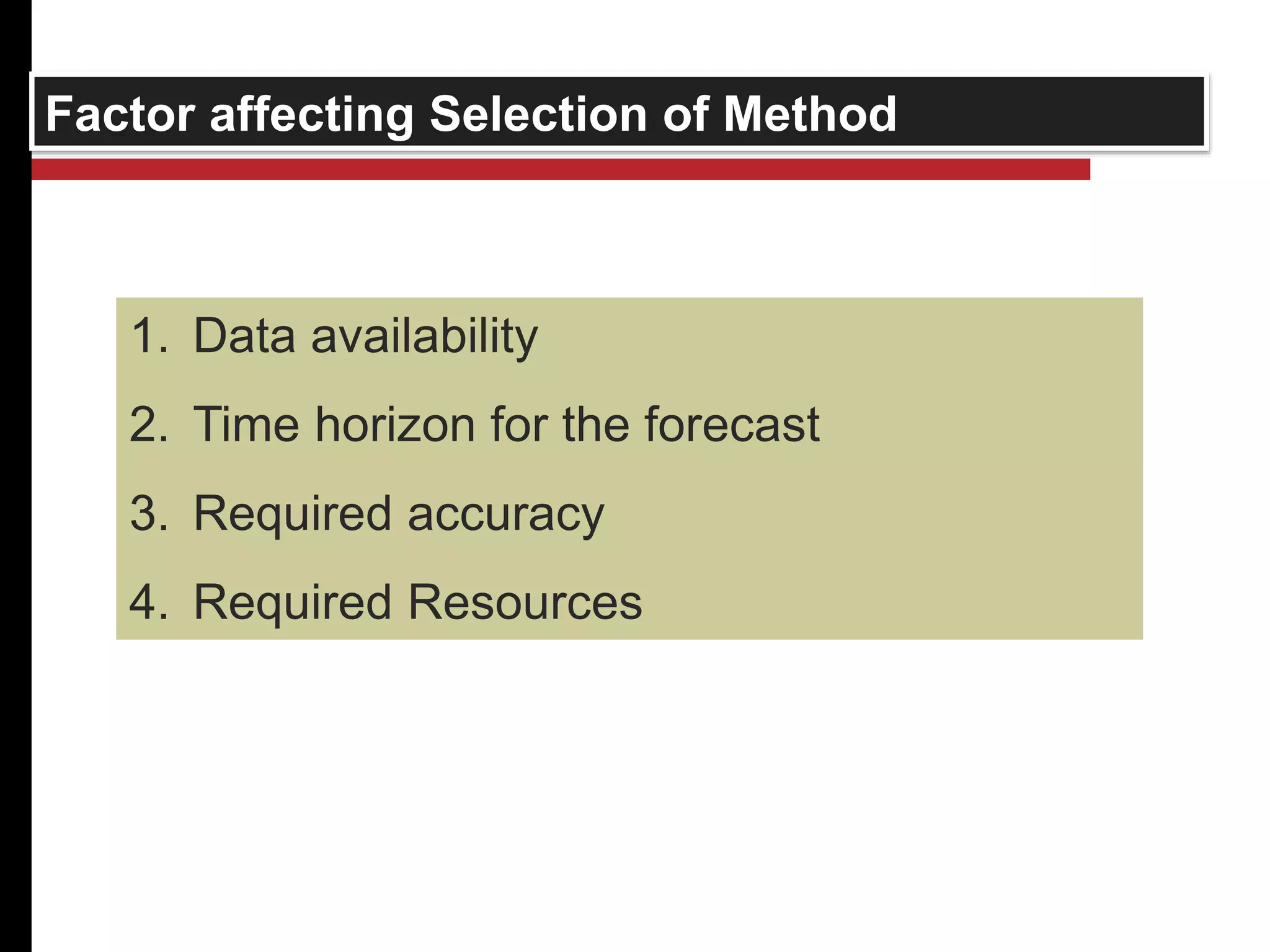 Factor affecting Selection of Method 
1. Data availability 
2. Time horizon for the forecast 
3. Required accuracy 
4. Required Resources 
 