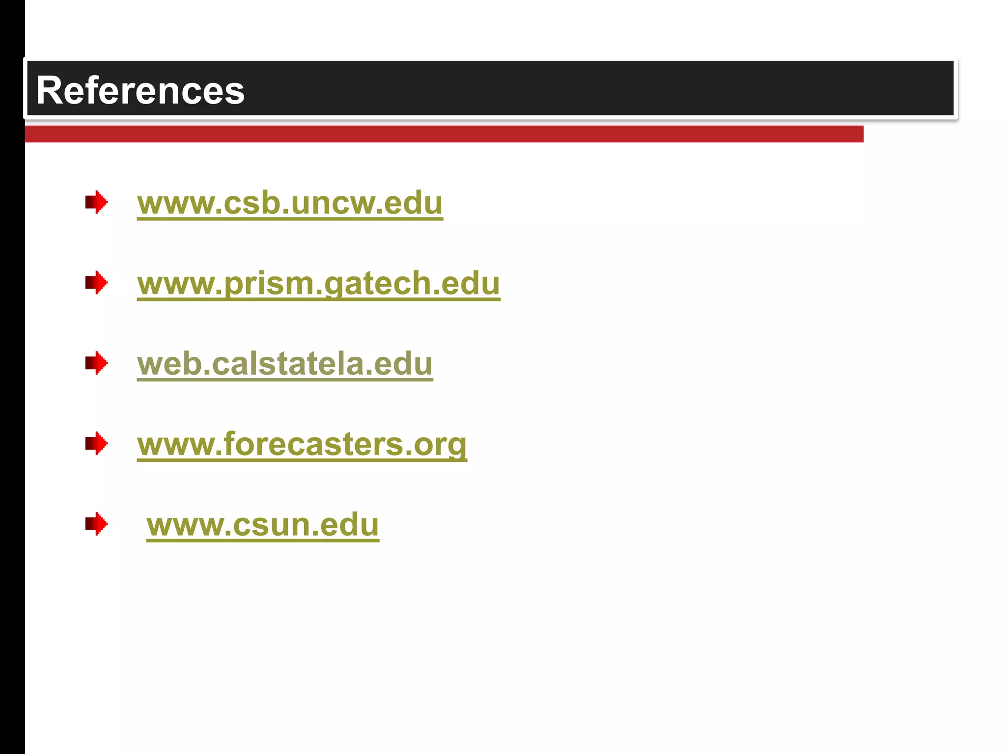 References 
www.csb.uncw.edu 
www.prism.gatech.edu 
web.calstatela.edu 
www.forecasters.org 
www.csun.edu 
 