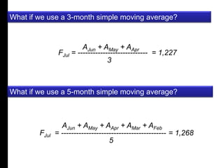 A 
B 
C 
D 
E 
F 
G 
H 
I 
J 
K 
L 
M 
N 
O 
P 
E 
R 
T 
T 
Y 
D 
g 
e 
What if we use a 3-month simple moving average? 
AJun + AMay + AApr 
FJul = ---------------------------- 
3 
= 1,227 
What if we use a 5-month simple moving average? 
AJun + AMay + AApr + AMar + AFeb 
FJul = ------------------------------------------ 
5 
= 1,268 
 