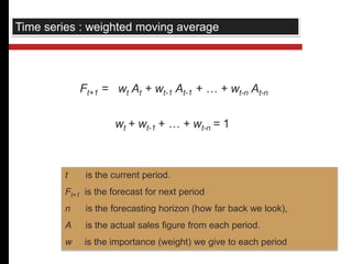 Time series : weighted moving average 
Ft+1 = wt At + wt-1 At-1 + … + wt-n At-n 
wt + wt-1 + … + wt-n = 1 
t is the current period. 
Ft+1 is the forecast for next period 
n is the forecasting horizon (how far back we look), 
A is the actual sales figure from each period. 
w is the importance (weight) we give to each period 
 