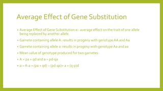Average Effect of Gene Substitution
• Average Effect of Gene Substitution α : average effect on the trait of one allele
being replaced by another allele.
• Gamete containing allele A: results in progeny with genotype AA and Aa
• Gamete containing allele a: results in progeny with genotype Aa and aa
• Mean value of genotype produced for two gametes:
• A = pa + qd and a = pd-qa
• α = A-a = (pa + qd) – (pd-qa)= a + (q-p)d
 