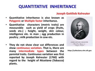 QUANTITATIVE INHERITANCE
• Quantitative inheritance is also known as
Polygenic or Multiple factor inheritance.
• Quantitat...