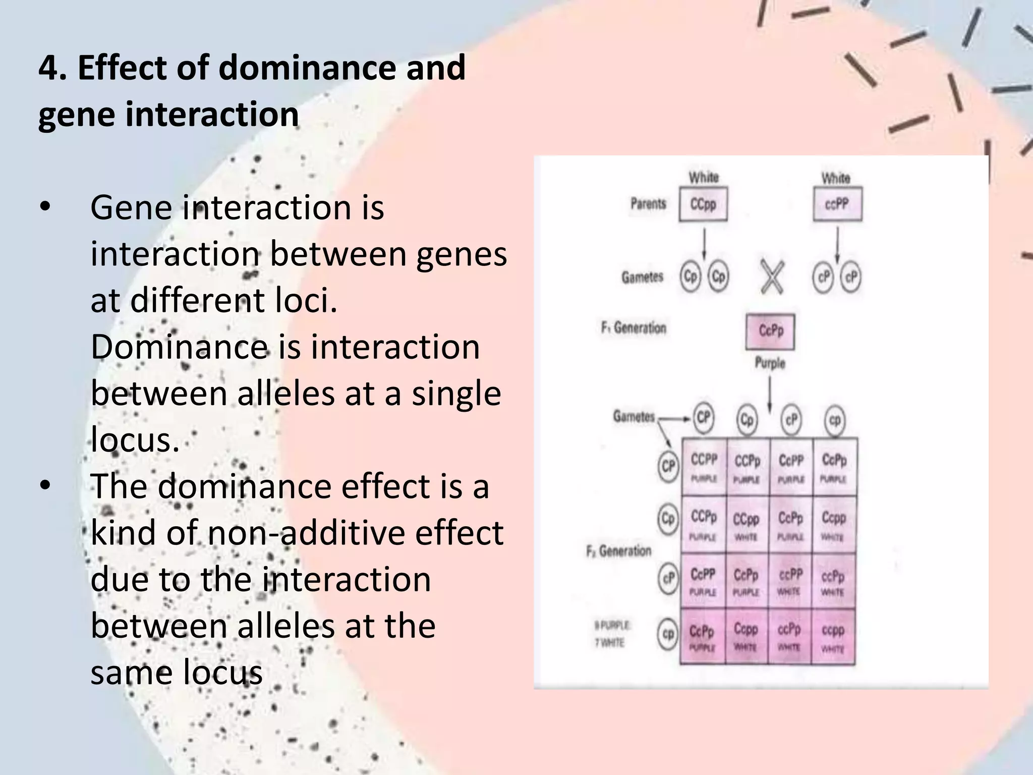 4. Effect of dominance and
gene interaction
• Gene interaction is
interaction between genes
at different loci.
Dominance is interaction
between alleles at a single
locus.
• The dominance effect is a
kind of non-additive effect
due to the interaction
between alleles at the
same locus
 