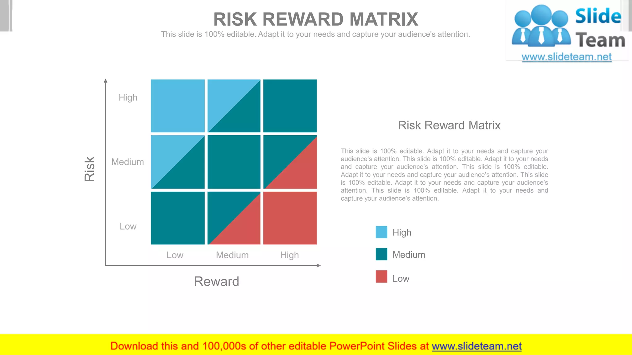 High
High
Medium
Low
Low Medium
Risk
Reward
Risk Reward Matrix
This slide is 100% editable. Adapt it to your needs and capture your
audience’s attention. This slide is 100% editable. Adapt it to your needs
and capture your audience’s attention. This slide is 100% editable.
Adapt it to your needs and capture your audience’s attention. This slide
is 100% editable. Adapt it to your needs and capture your audience’s
attention. This slide is 100% editable. Adapt it to your needs and
capture your audience’s attention.
High
Medium
Low
RISK REWARD MATRIX
This slide is 100% editable. Adapt it to your needs and capture your audience's attention.
 