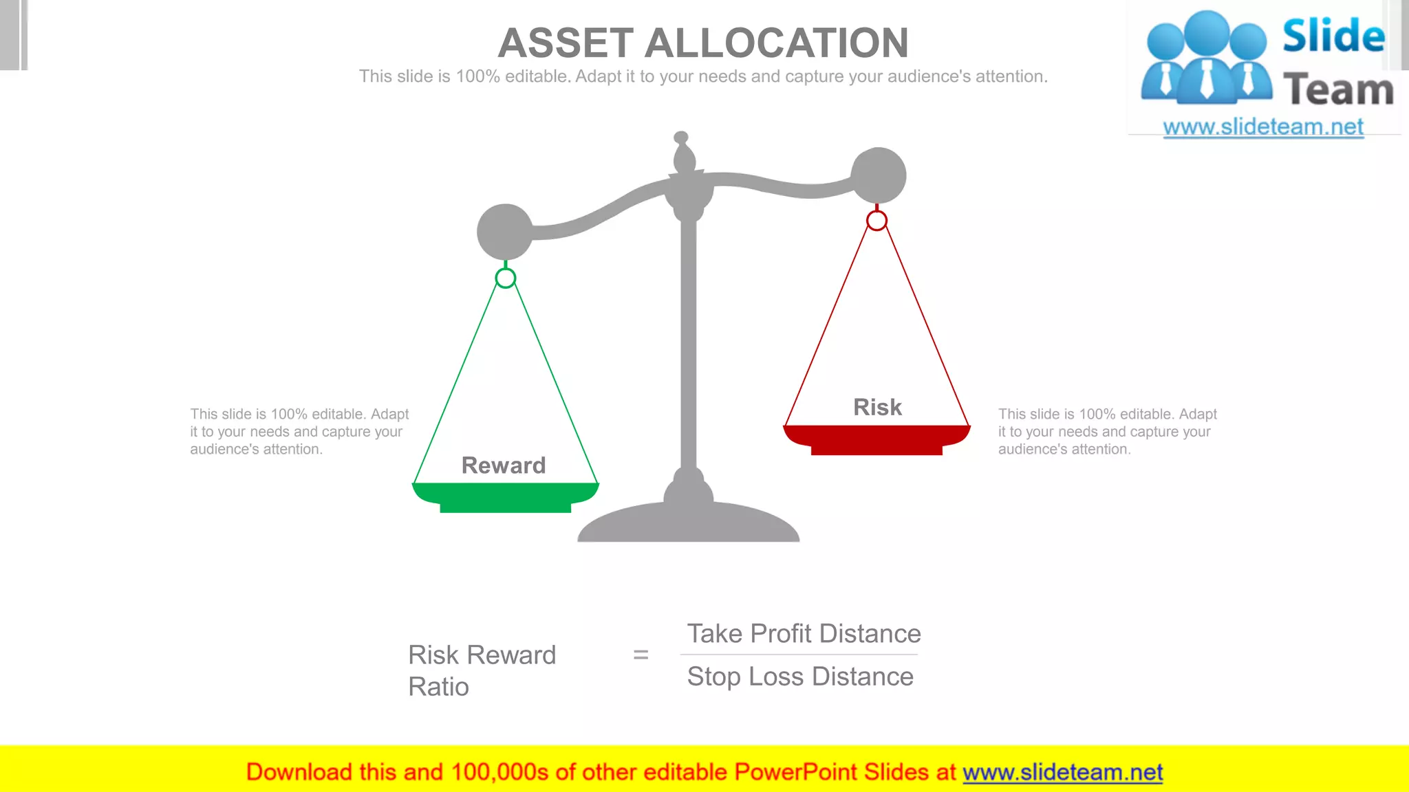 Reward
Risk
Risk Reward
Ratio
=
Take Profit Distance
Stop Loss Distance
This slide is 100% editable. Adapt
it to your needs and capture your
audience's attention.
This slide is 100% editable. Adapt
it to your needs and capture your
audience's attention.
ASSET ALLOCATION
This slide is 100% editable. Adapt it to your needs and capture your audience's attention.
 