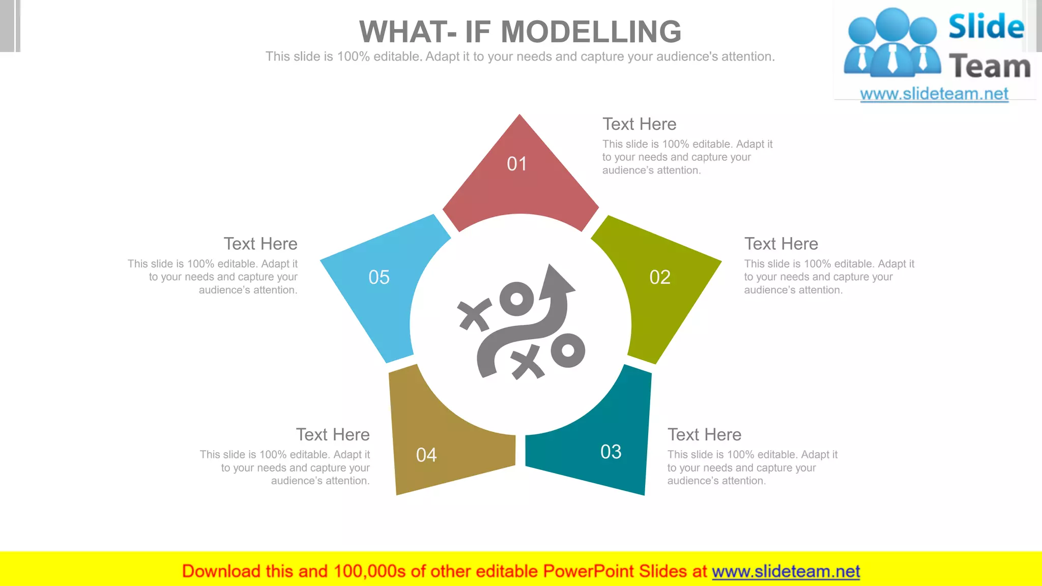 Text Here
This slide is 100% editable. Adapt it
to your needs and capture your
audience’s attention.
Text Here
This slide is 100% editable. Adapt it
to your needs and capture your
audience’s attention.
Text Here
This slide is 100% editable. Adapt it
to your needs and capture your
audience’s attention.
Text Here
This slide is 100% editable. Adapt it
to your needs and capture your
audience’s attention.
Text Here
This slide is 100% editable. Adapt it
to your needs and capture your
audience’s attention.
05
01
02
0304
WHAT- IF MODELLING
This slide is 100% editable. Adapt it to your needs and capture your audience's attention.
 