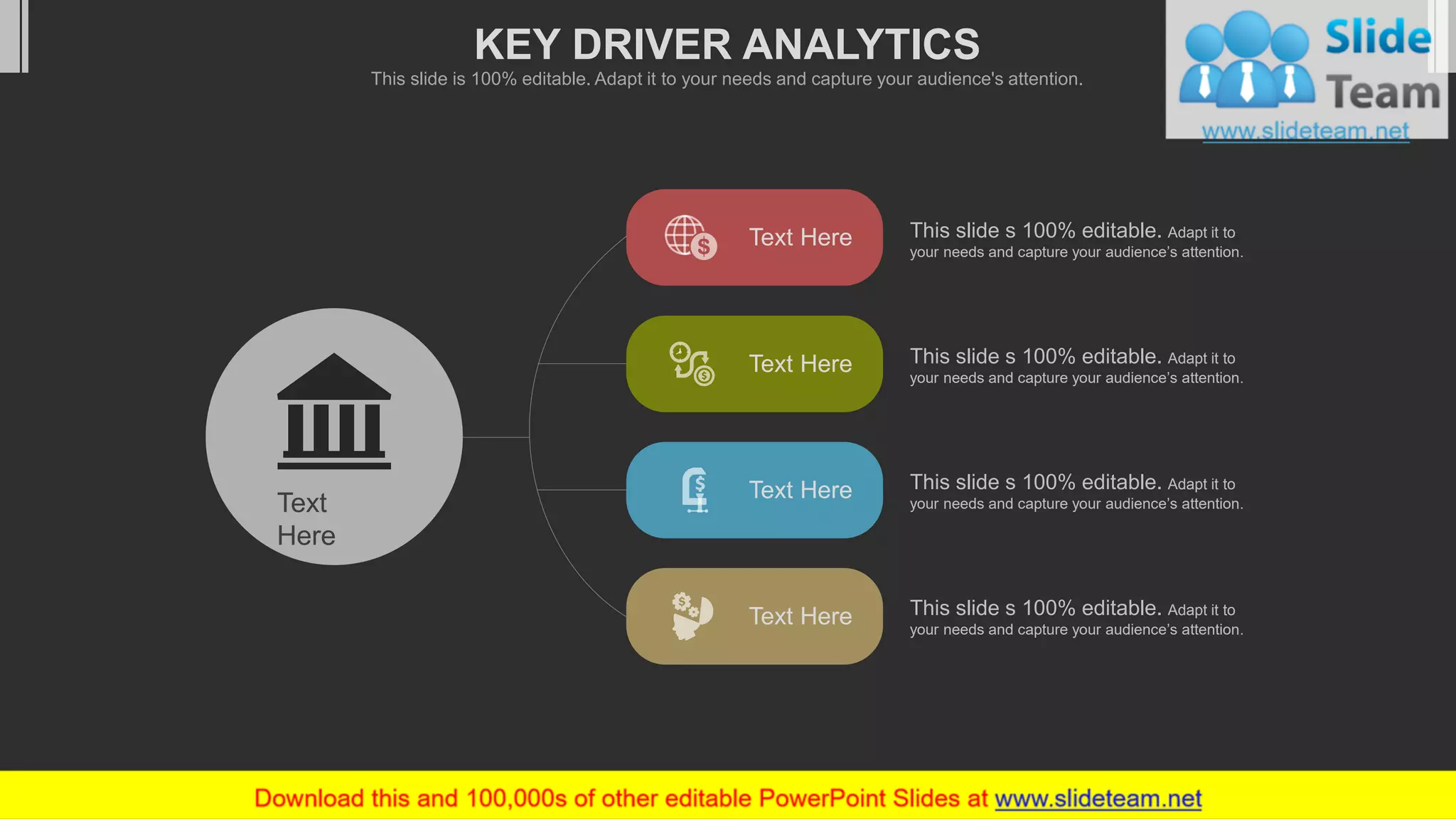 This slide s 100% editable. Adapt it to
your needs and capture your audience’s attention.
This slide s 100% editable. Adapt it to
your needs and capture your audience’s attention.
This slide s 100% editable. Adapt it to
your needs and capture your audience’s attention.
This slide s 100% editable. Adapt it to
your needs and capture your audience’s attention.
Text Here
Text Here
Text Here
Text Here
KEY DRIVER ANALYTICS
This slide is 100% editable. Adapt it to your needs and capture your audience's attention.
 
