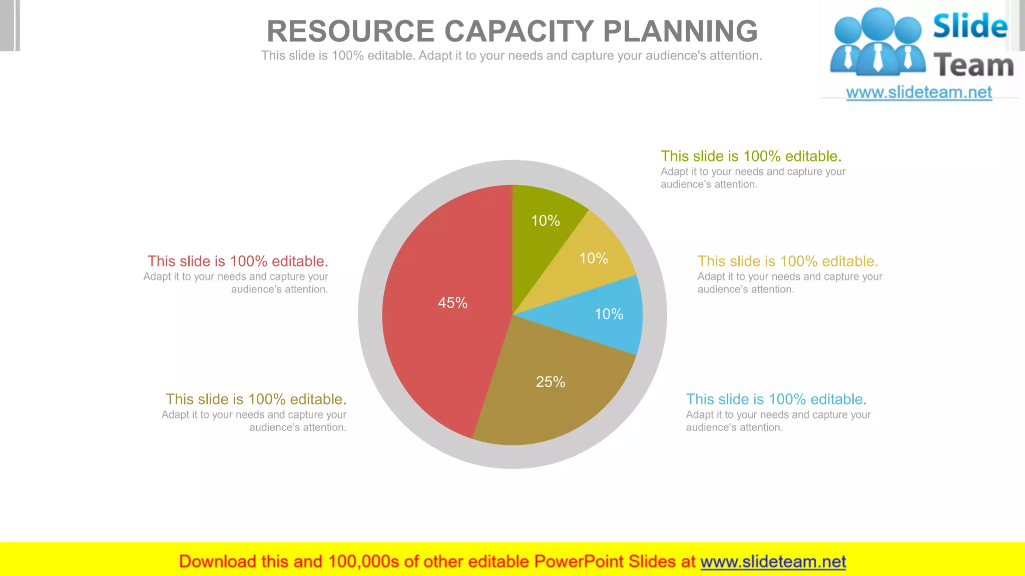10%
10%
10%
25%
45%
This slide is 100% editable.
Adapt it to your needs and capture your
audience’s attention.
This slide is 100% editable.
Adapt it to your needs and capture your
audience’s attention.
This slide is 100% editable.
Adapt it to your needs and capture your
audience’s attention.
This slide is 100% editable.
Adapt it to your needs and capture your
audience’s attention.
This slide is 100% editable.
Adapt it to your needs and capture your
audience’s attention.
RESOURCE CAPACITY PLANNING
This slide is 100% editable. Adapt it to your needs and capture your audience's attention.
 