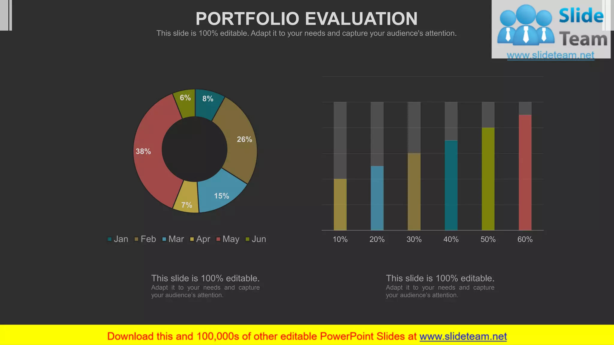 10% 20% 30% 40% 50% 60%
8%
26%
15%
7%
38%
6%
Jan Feb Mar Apr May Jun
This slide is 100% editable.
Adapt it to your needs and capture
your audience’s attention.
This slide is 100% editable.
Adapt it to your needs and capture
your audience’s attention.
PORTFOLIO EVALUATION
This slide is 100% editable. Adapt it to your needs and capture your audience's attention.
 