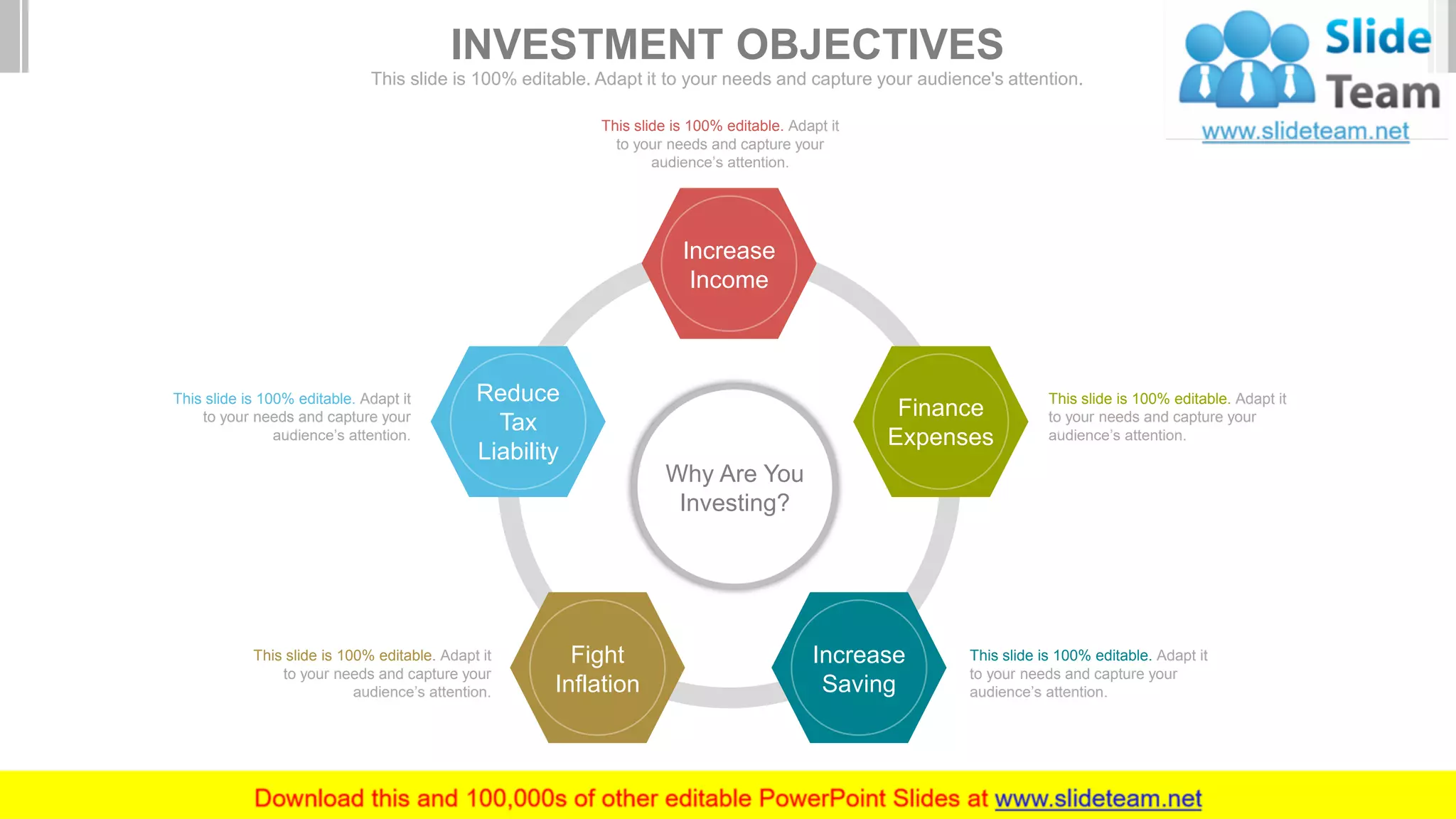 This slide is 100% editable. Adapt it
to your needs and capture your
audience’s attention.
This slide is 100% editable. Adapt it
to your needs and capture your
audience’s attention.
This slide is 100% editable. Adapt it
to your needs and capture your
audience’s attention.
This slide is 100% editable. Adapt it
to your needs and capture your
audience’s attention.
This slide is 100% editable. Adapt it
to your needs and capture your
audience’s attention.
Why Are You
Investing?
Finance
Expenses
Increase
Saving
Fight
Inflation
Increase
Income
Reduce
Tax
Liability
INVESTMENT OBJECTIVES
This slide is 100% editable. Adapt it to your needs and capture your audience's attention.
 