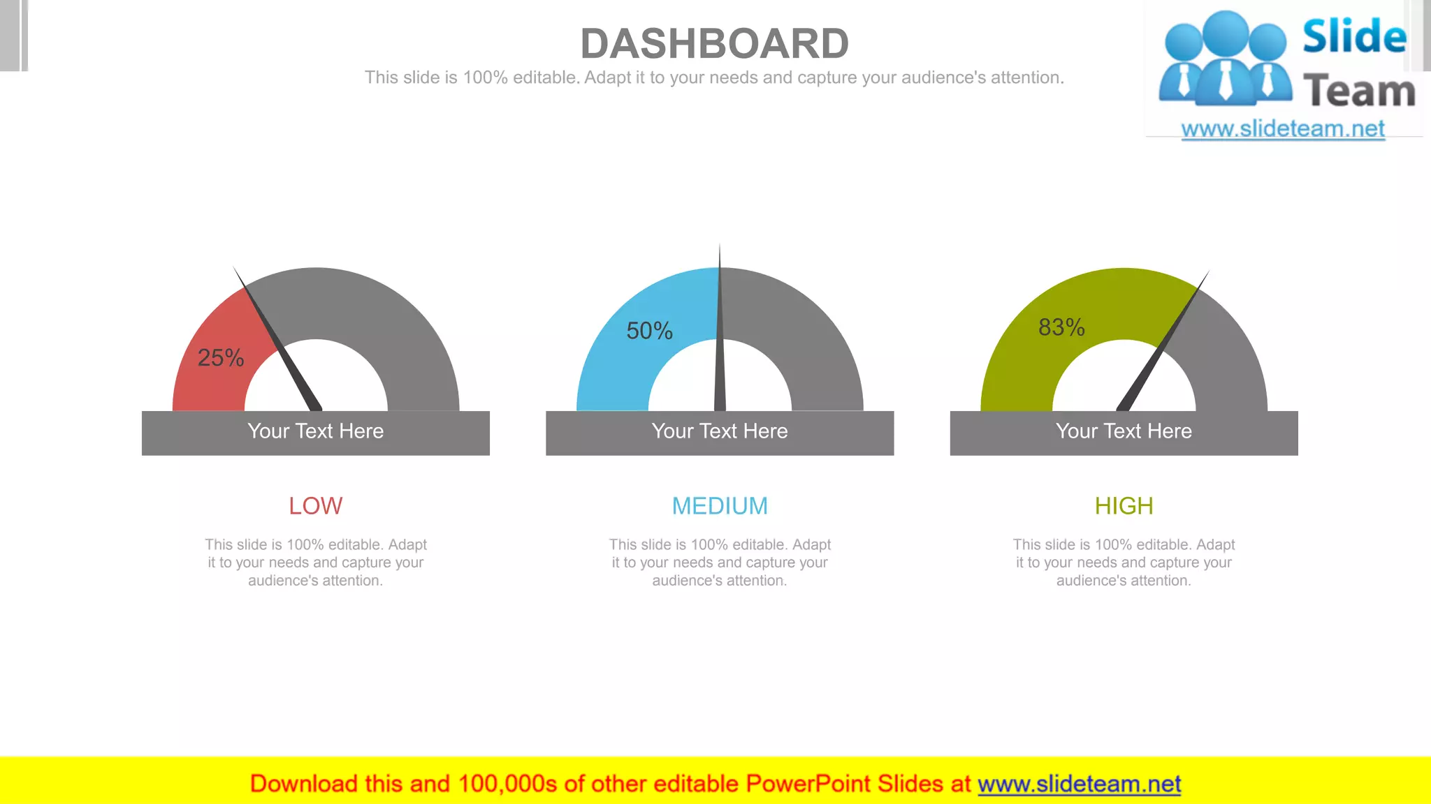 This slide is 100% editable. Adapt
it to your needs and capture your
audience's attention.
LOW
This slide is 100% editable. Adapt
it to your needs and capture your
audience's attention.
MEDIUM
This slide is 100% editable. Adapt
it to your needs and capture your
audience's attention.
HIGH
25%
Your Text Here
50%
Your Text Here
83%
Your Text Here
DASHBOARD
This slide is 100% editable. Adapt it to your needs and capture your audience's attention.
 