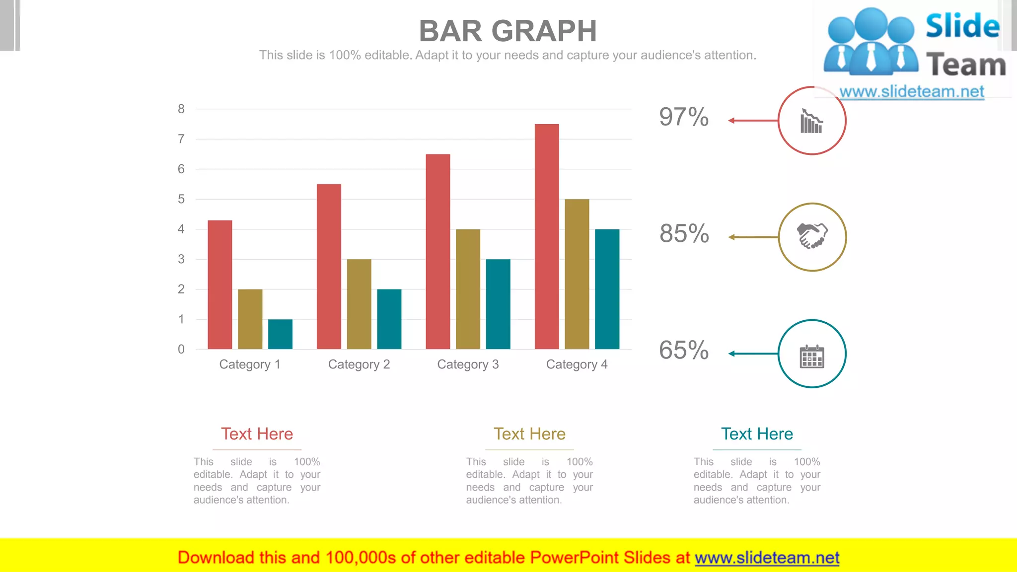 0
1
2
3
4
5
6
7
8
Category 1 Category 2 Category 3 Category 4
This slide is 100%
editable. Adapt it to your
needs and capture your
audience's attention.
Text Here
This slide is 100%
editable. Adapt it to your
needs and capture your
audience's attention.
Text Here
This slide is 100%
editable. Adapt it to your
needs and capture your
audience's attention.
Text Here
97%
85%
65%
BAR GRAPH
This slide is 100% editable. Adapt it to your needs and capture your audience's attention.
 