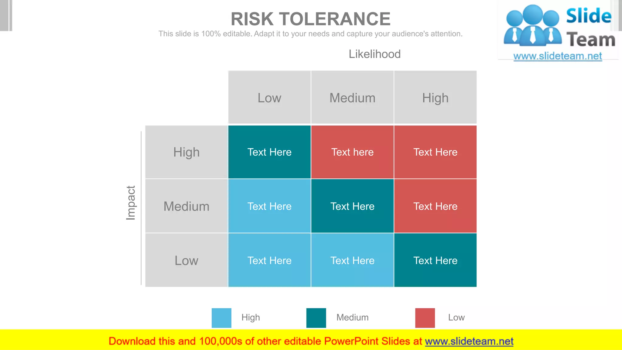 Low Medium High
High Text Here Text here Text Here
Medium Text Here Text Here Text Here
Low Text Here Text Here Text Here
Impact
Likelihood
High Medium Low
RISK TOLERANCE
This slide is 100% editable. Adapt it to your needs and capture your audience's attention.
 