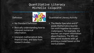 Quantitative Literacy
Michelle Colquitt
Definition
▪ No Standard Definition
▪ Basically understanding how to
interpret numerical
information.
▪ Interpret mathematical data,
financial data, and data from
research studies.
Quantitative Literacy Activity
▪ The Media Specialist and 6th
grade Mathematics teacher
can work together to create a
makerspace. For example, the
teacher can impart information
about fractions.The MS can
then assist students with 3d
printing a model based on the
word problem.
 