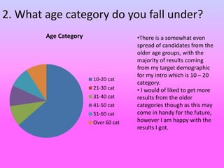 2. What age category do you fall under?
Age Category
10-20 cat
21-30 cat
31-40 cat
41-50 cat
51-60 cat
Over 60 cat
•There is a somewhat even
spread of candidates from the
older age groups, with the
majority of results coming
from my target demographic
for my intro which is 10 – 20
category.
• I would of liked to get more
results from the older
categories though as this may
come in handy for the future,
however I am happy with the
results I got.
 