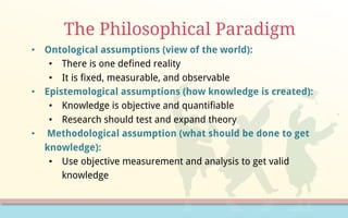 The Philosophical Paradigm
• Ontological assumptions (view of the world):
• There is one defined reality
• It is fixed, measurable, and observable
• Epistemological assumptions (how knowledge is created):
• Knowledge is objective and quantifiable
• Research should test and expand theory
• Methodological assumption (what should be done to get
knowledge):
• Use objective measurement and analysis to get valid
knowledge
 