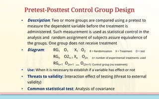 • Description: Two or more groups are compared using a pretest to
measure the dependent variable before the treatment is
administered. Such measurement is used as statistical control in the
analysis and random assignment of subjects assure equivalence of
the groups. One group does not receive treatment
• Diagram: RG1 O1 X1 O2 R = Randomization X = Treatment O = test
RGn O2n-1 Xn O2n n= number of experimental treatments used
RGn+1 O2n+1 __ O(2n+1) Control group (no treatment)
• Use:	When	it	is	necessary	to	establish	if	a	variable	has	effect	or	not
• Threats to validity: Interaction effect of testing (threat to external
validity)
• Common statistical test: Analysis of covariance
Pretest-Posttest Control Group Design
 