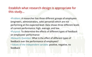 Establish what research design is appropriate for
this study…
•Problem: A researcher has three different groups of employees
(engineers, administrators, sales personal) which are not
performing at the expected level. Data shows three different levels
of current performance: high, average, and low.
•Purpose: To determine the effects of different types of feedback
on employees’ performance
•Research Question: What is the effect of different types of
feedback over the performance of employees?
• Values of the independent variable: positive, negative, no
feedback
 