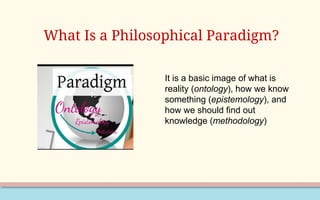 What Is a Philosophical Paradigm?
It is a basic image of what is
reality (ontology), how we know
something (epistemology), and
how we should find out
knowledge (methodology)
 