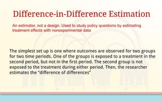 Difference-in-Difference Estimation
The simplest set up is one where outcomes are observed for two groups
for two time periods. One of the groups is exposed to a treatment in the
second period, but not in the first period. The second group is not
exposed to the treatment during either period. Then, the researcher
estimates the “difference of differences”
An estimator, not a design. Used to study policy questions by estimating
treatment effects with nonexperimental data
 