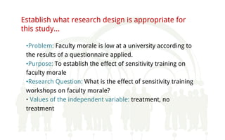 Establish what research design is appropriate for
this study…
•Problem: Faculty morale is low at a university according to
the results of a questionnaire applied.
•Purpose: To establish the effect of sensitivity training on
faculty morale
•Research Question: What is the effect of sensitivity training
workshops on faculty morale?
• Values of the independent variable: treatment, no
treatment
 