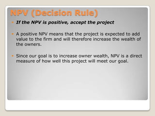 Dividing the future cash flows by interest rate, we come at present value of future cash flowsFuture Value of Cash FlowsFV3 = (1+i)3PVFV2 = (1+i)2PVPV1230Future Value of cash flow is always greater than present value of cash flowFV1 = (1+i)PVFinding FVs (moving to the right on a time line) is called compounding.  Compounding involves earning interest on interest for investments of more than one period.AAAAAAA12345670PV1 = A/(1+r)PV2 = A/(1+r)2PV3 = A/(1+r)3PV4 = A/(1+r)4etc.etc.PerpetuitiesPerpetuity is a series of constant payments, A, each period forever.PVperpetuity = [A/(1+i)t] = A [1/(1+i)t] = A/iIntuition:Present Value of a perpetuity is the amount that must invested today                  at the interest rate i to yield a payment of A each year without                         affecting the value of the initial investment.