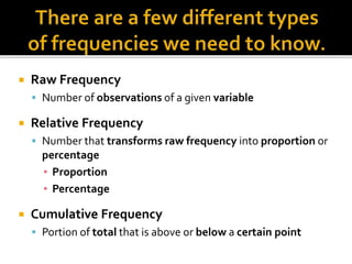  Raw Frequency
 Number of observations of a given variable
 Relative Frequency
 Number that transforms raw frequency into proportion or
percentage
▪ Proportion
▪ Percentage
 Cumulative Frequency
 Portion of total that is above or below a certain point
 