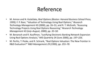 Reference
• M. Amran and N. Kulatilaka, Real Options (Boston: Harvard Business School Press,
1999); F. P. Boer, “Valuation of Technology Using Real Options,” Research
Technology Management 43 (2000), pp. 26–31; and R. T. McGrath, “Assessing
Technology Projects Using Real Options Reasoning,” Research Technology
Management 43 (July–August, 2000), pp. 35–50.
• M. Benaroch and R. Kauffman, “Justifying Electronic Banking Network Expansion
Using Real Options Analysis,” MIS Quarterly 24 (June 2000), pp. 197–226.
• M. Perlitz, T. Peske, and R. Schrank, “Real Options Valuation: The New Frontier in
R&D Evaluation?” R&D Management 29 (1999), pp. 255–70.
 
