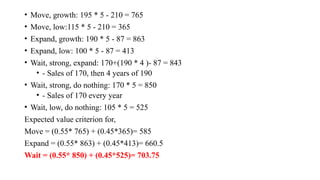 • Move, growth: 195 * 5 - 210 = 765
• Move, low:115 * 5 - 210 = 365
• Expand, growth: 190 * 5 - 87 = 863
• Expand, low: 100 * 5 - 87 = 413
• Wait, strong, expand: 170+(190 * 4 )- 87 = 843
• - Sales of 170, then 4 years of 190
• Wait, strong, do nothing: 170 * 5 = 850
• - Sales of 170 every year
• Wait, low, do nothing: 105 * 5 = 525
Expected value criterion for,
Move = (0.55* 765) + (0.45*365)= 585
Expand = (0.55* 863) + (0.45*413)= 660.5
Wait = (0.55* 850) + (0.45*525)= 703.75
 