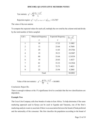 BMCU002: QUANTITATIVE METHODS NOTES
Page 13 of 19
Test statistic: 



k
i i
i
i
e
e
o
1
2
2 )
(

Rejection region : 2767
.
13
2
4
,
01
.
0
)
1
)(
1
(
,
2
2


 
 

  c
r
The value of the test statistic
To compute the expected values for each cell, multiply the row total by the column total and divide
by the total number of shirts sampled.
Cell i Observed frequency
o
Expected frequency
e
 
e
e
o
2

1
2
3
4
5
6
7
8
9
10
13
29
19
80
19
81
57
22
17.33
23.64
11.03
39.33
53.64
25.03
53.33
72.73
33.94
3.1003
4.7889
29.2766
10.5087
12.9539
1.4527
14.3564
3.4021
4.2005
Total 84.0401
Value of the test statistic : 0401
.
84
)
(
1
2
2


 

k
i i
i
i
e
e
o

Conclusion: Reject Ho.
There is enough evidence at the 1% significance level to conclude that the two classifications are
dependent.
Example Two
The Coca Cola Company sells four brands of sodas in East Africa. To help determine if the same
marketing approach used in Kenya can be used in Uganda and Tanzania, one of the firm’s
marketing analysts wants to ascertain if there is an association between the brand of Soda preferred
and the nationality of the consumer. She first classifies the population according to the brand of
 