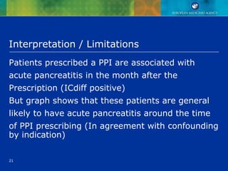 21
Interpretation / Limitations
Patients prescribed a PPI are associated with
acute pancreatitis in the month after the
Prescription (ICdiff positive)
But graph shows that these patients are general
likely to have acute pancreatitis around the time
of PPI prescribing (In agreement with confounding
by indication)
 