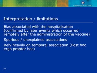 24
Interpretation / limitations
Bias associated with the hospitalisation
(confirmed by later events which occurred
remotely after the administration of the vaccine)
Spurious / unexplained associations
Rely heavily on temporal association (Post hoc
ergo propter hoc)
 